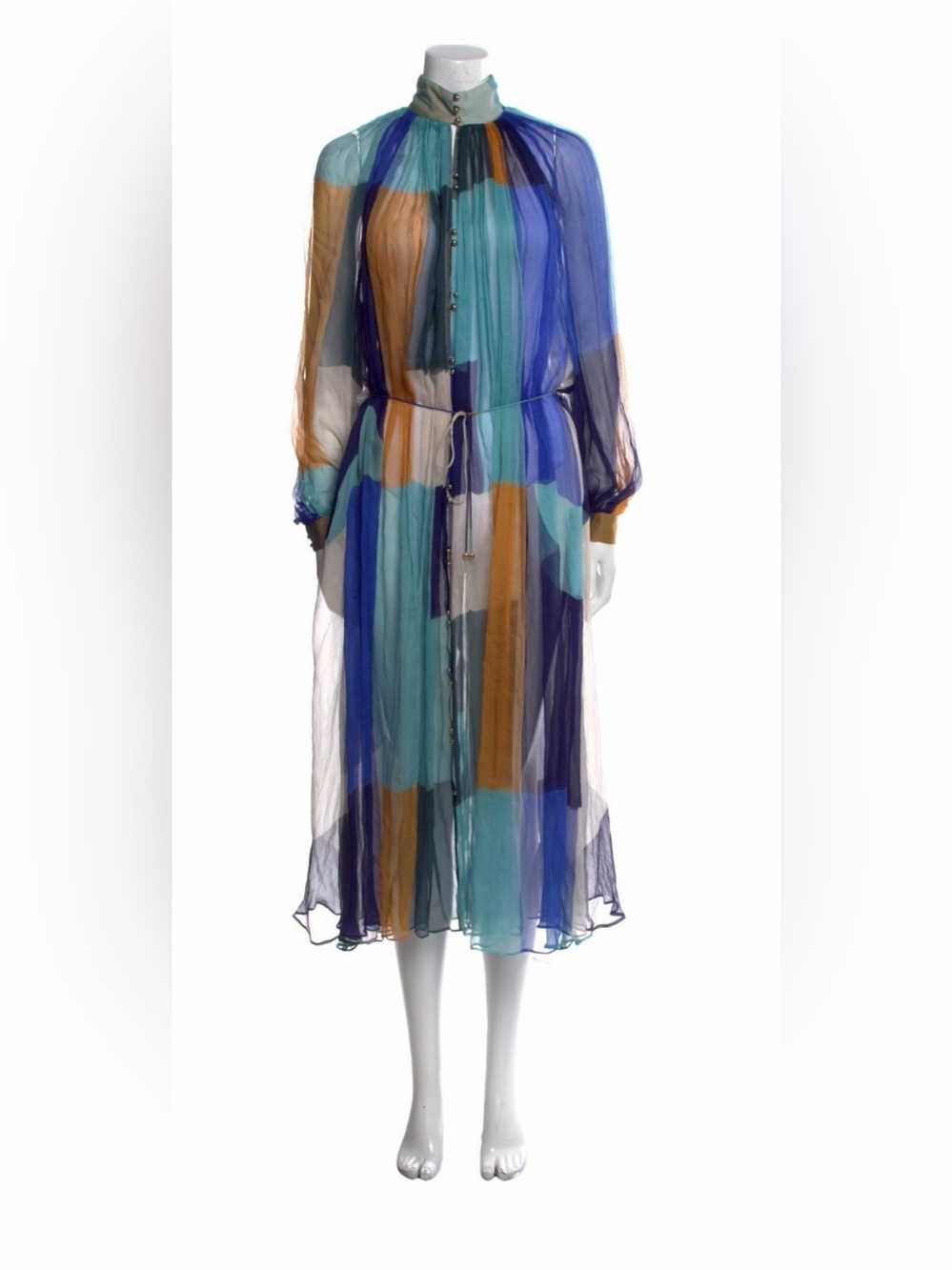 Zimmermann Sheer Colorblock Long-Sleeve Midi Dress in Blue, Mustard, and Cream
